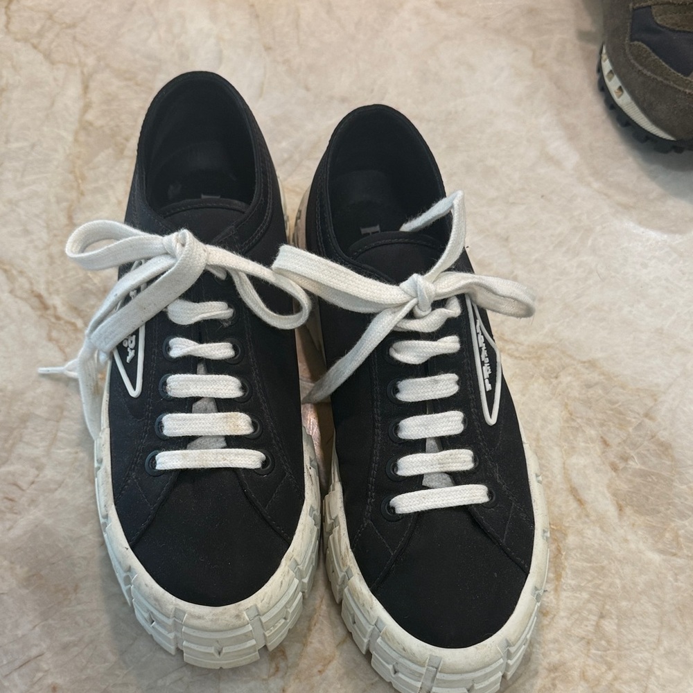Authentic Prada Double Wheel Thick-soles Nylon Gabardine Trainers in black